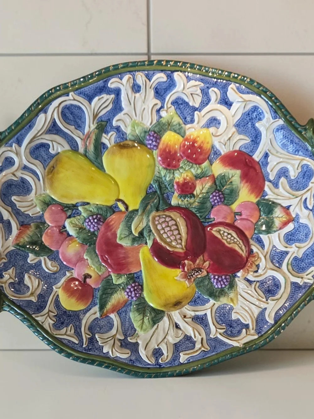 Hand-Painted Ceramic Fruit Platter in Blue, Yellow & Red